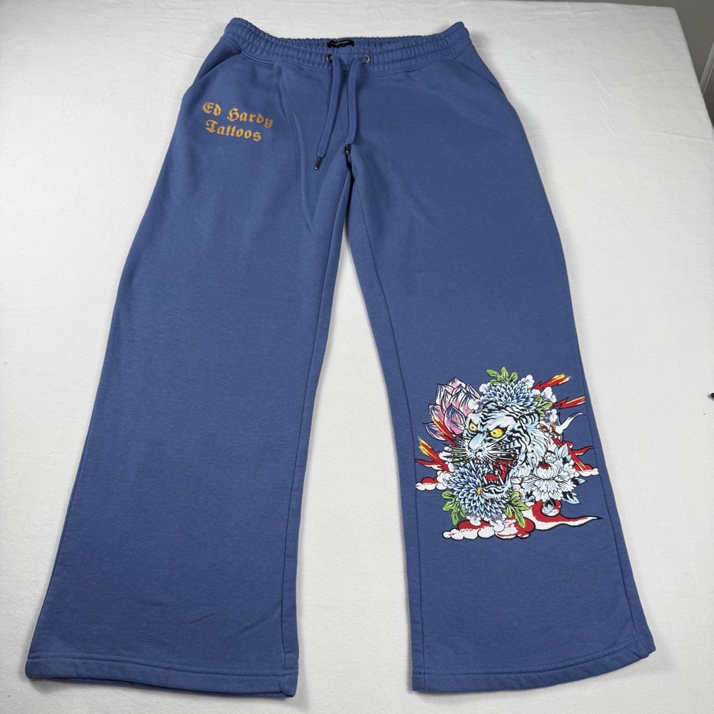 Ed Hardy Tiger Graphic Sweatpants Large Blue Y2K Wide Leg Cyber Streetwear
